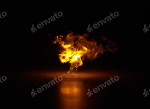 Preview: Flame, heat and fire explosion with black background with sparks, gas and light from burning in stu