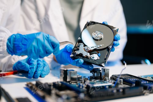 Preview: Hard disk drive on the technician's desk and a computer motherboard as a component. the concept