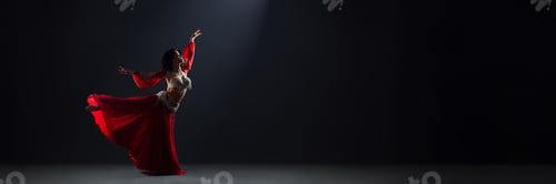Preview: Elegant Dancer in Red Dress Wide Banner with Copy Space