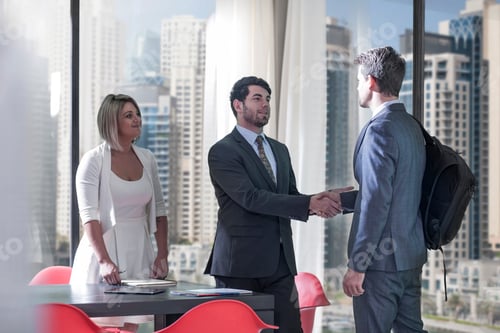 Preview: Businessmen and woman shaking hands in conference room