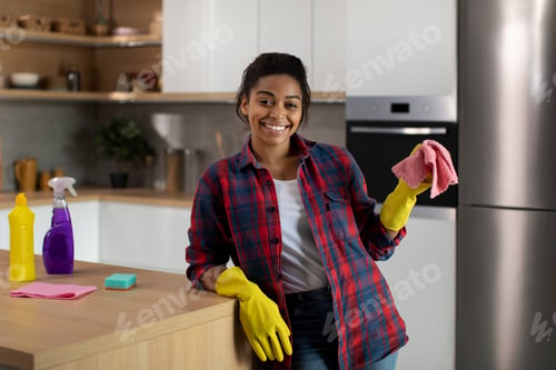 Preview: Glad millennial african american female in rubber gloves with rag near table enjoy household chores