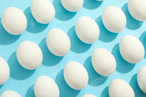 Preview: Flat lay composition with chicken eggs on color background, space for text