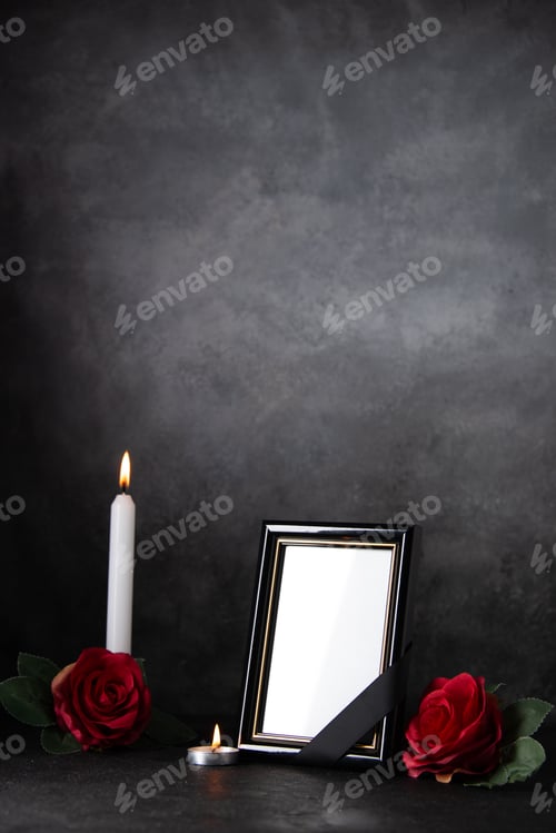 Preview: picture frame with red flowers and candles on dark background photo tank death war