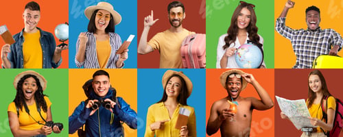 Preview: Excited multinational millennials going vacation, set of photos