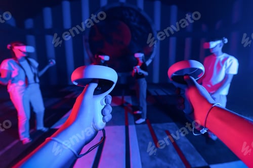 Preview: A team of young friends using virtual reality VR equipment on a arena