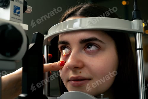 Preview: close up in an ophthalmology clinic young doctor diagnoses a young girl with a magnifying lens