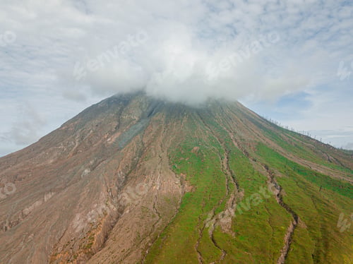 Preview: Aerial drone view of Mount Sinabung at Berastagi in North Sumatra, Indonesia.