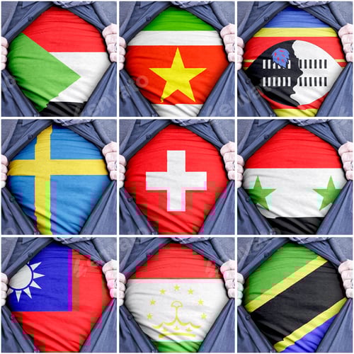 Preview: Collection of ripping shirts showing printed flags of different countries