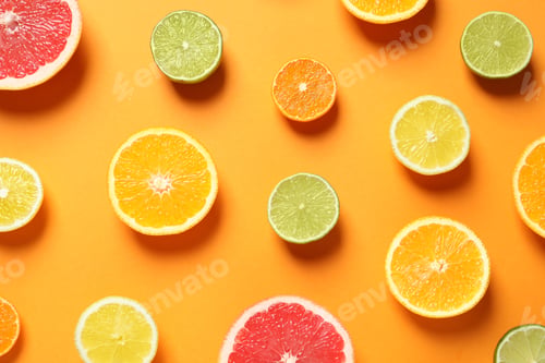 Preview: Different citrus fruits on color background, flat lay
