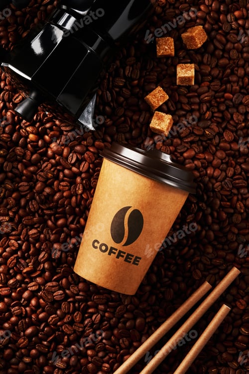 Preview: Grains of coffee drink and pieces of cane sugar in zero waste paper cup on grains background. Plasti