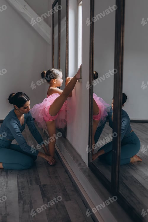 Preview: Baby ballet studio. Little ballerina with a coach in dance class. Ballet trainer for children
