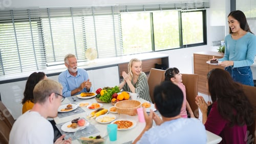 Preview: big family at home, people sit feast dishes table around roasted turkey multi-generation