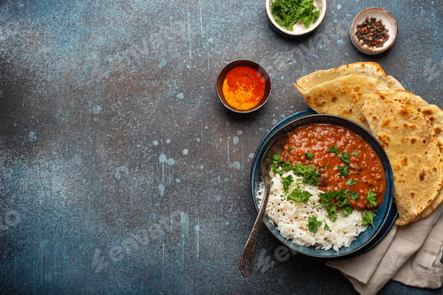 Preview: Traditional Indian Punjabi dish Dal makhani with lentils and beans in black bowl served with basmati