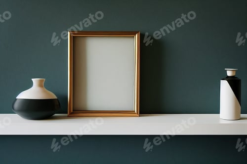 Preview: Design scandinavian interior of living room with wooden console, rings on the wall, mock up poster w