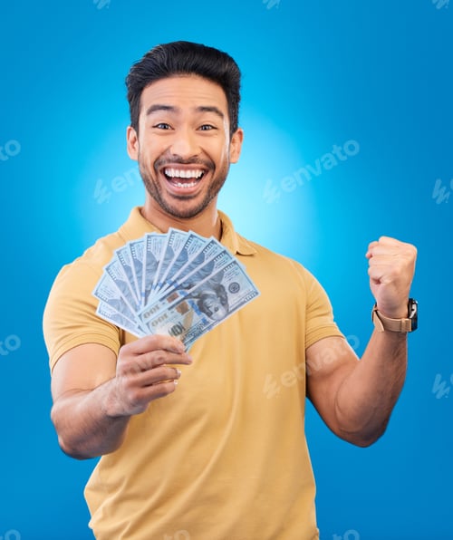 Preview: Money, fist pump portrait and man excited for dollar bills, financial achievement award or bonus sa