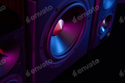Preview: Two sound speakers and subwoofer on dark background with neon lights