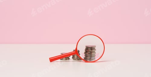 Preview: Red magnifier and white coins on the table. Income growth concept