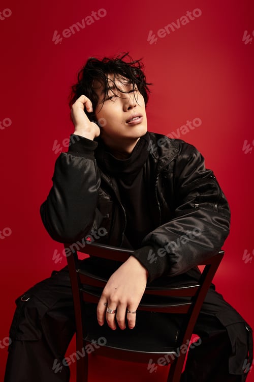 Preview: Enigmatic allure captivating asian man poses in bold studio setting