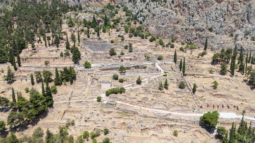 Preview: Aerial bird's eye view photo taken by drone of archaeological site of ancient Delphi.