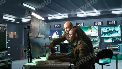 Preview: Team of army telecommunications operators using radio and satellite gear