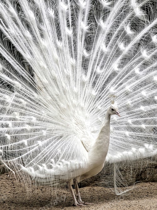 Preview: Vertical shot of a beautiful white peacock displaying its beautiful feathers.