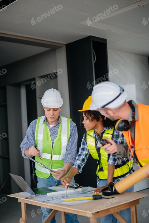 Preview: Architect caucasian man working with colleagues mixed race in the construction site. Architecture