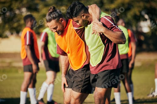 Preview: Help, soccer and a man with an injury on the field after a fitness or sports accident. Medical, sup
