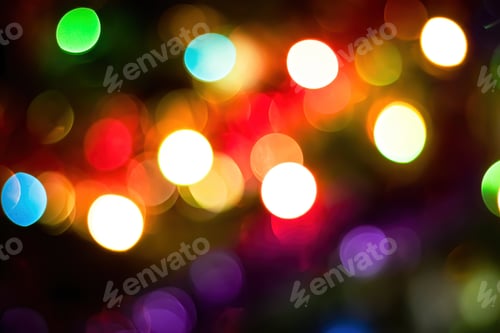 Preview: Bright colored defocus lights. Festive Christmas background.