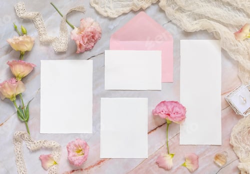 Preview: Wedding stationery set with envelope laying on a marble table