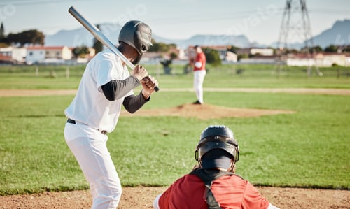 Preview: Baseball, bat and ready with a sports man outdoor, playing a competitive game during summer. Fitnes