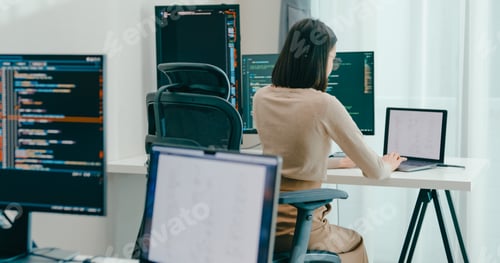 Preview: Group Adult Asia male, female freelance typing write prompt AI bot IT app smart program nomad.