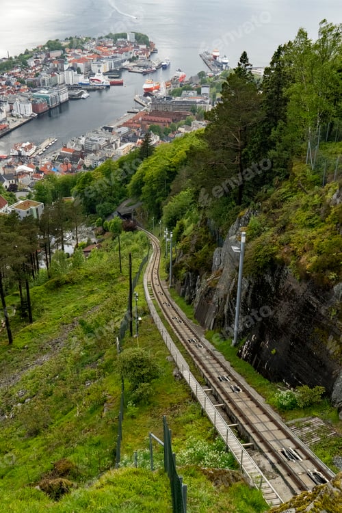 Preview: Mount Floyen funicular rails with scenic city view