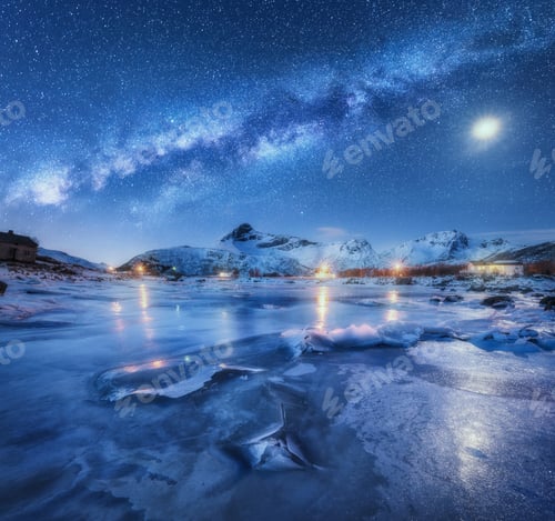 Preview: Milky Way above frozen sea coast, snow covered mountains