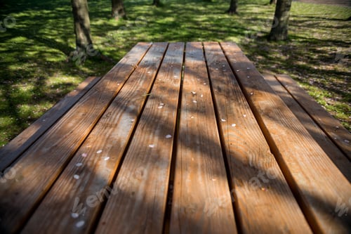Preview: empty wooden table with white petals in park, copenhagen