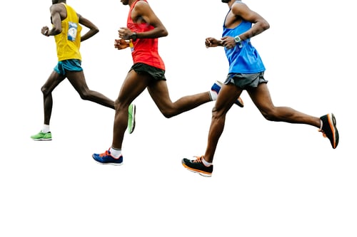 Preview: leading group african runners dressed in bright sports clothes race, isolated on white background