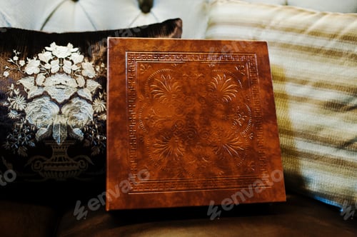Preview: Brown leather wedding book and album, cover with stamping