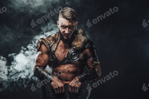 Preview: Viking seafarer in armour with fur holding two handed axe