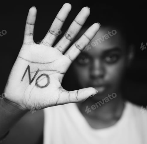 Preview: Closeup of woman hand written with no word on palm
