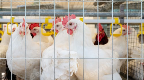 Preview: Dekalb White hens in cage in poultry farm.