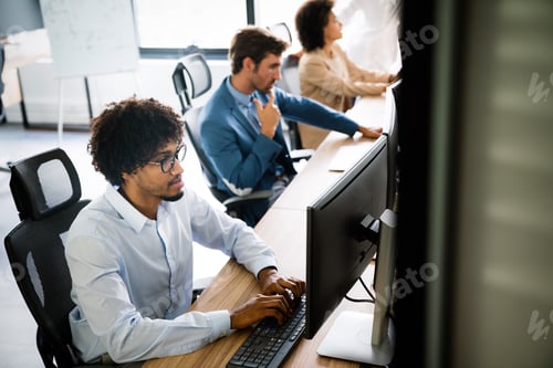 Preview: Startup programmer people group working everyday job at modern office
