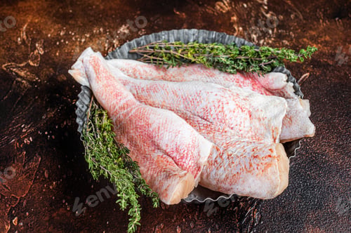 Preview: Raw ocean red perch fillet, Snapper fish with herbs. Dark background. Top view