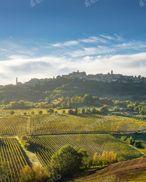 Preview: Autumn Vineyards and Montepulciano Skyline at Morning, Tuscany, Italy