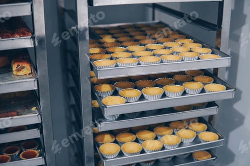 Preview: Rack of mini tartlet cups, empty unfilled pastry tartlet shell.