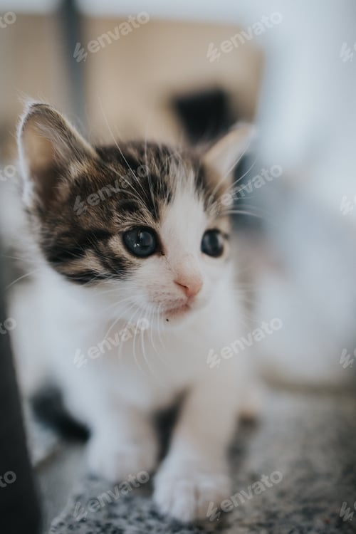 Preview: Vertical shot of a cute fluffy cat staring with its blue eyes on a blurred background