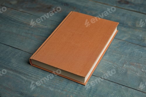 Preview: Hardcover book on light blue wooden table. Space for text
