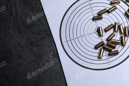 Preview: Metal cartridges and shooting target on grey table, top view. Space for text