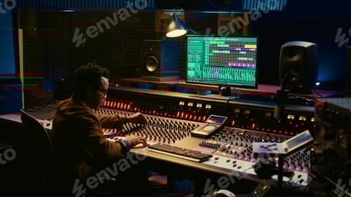 Preview: Portrait of professional sound engineer recording tracks and editing tunes