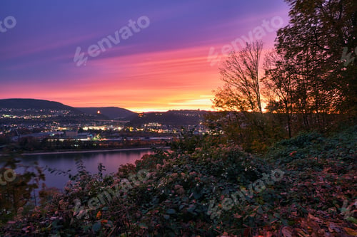 Preview: Beautiful colorful sunrise over the river rhine in germany near koblenz