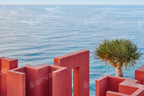 Preview: Geometric building construction. The red wall, La manzanera. Calpe, Spain