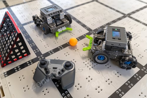 Preview: Robots compete on a technology-filled table in a playful game during a robotics workshop
